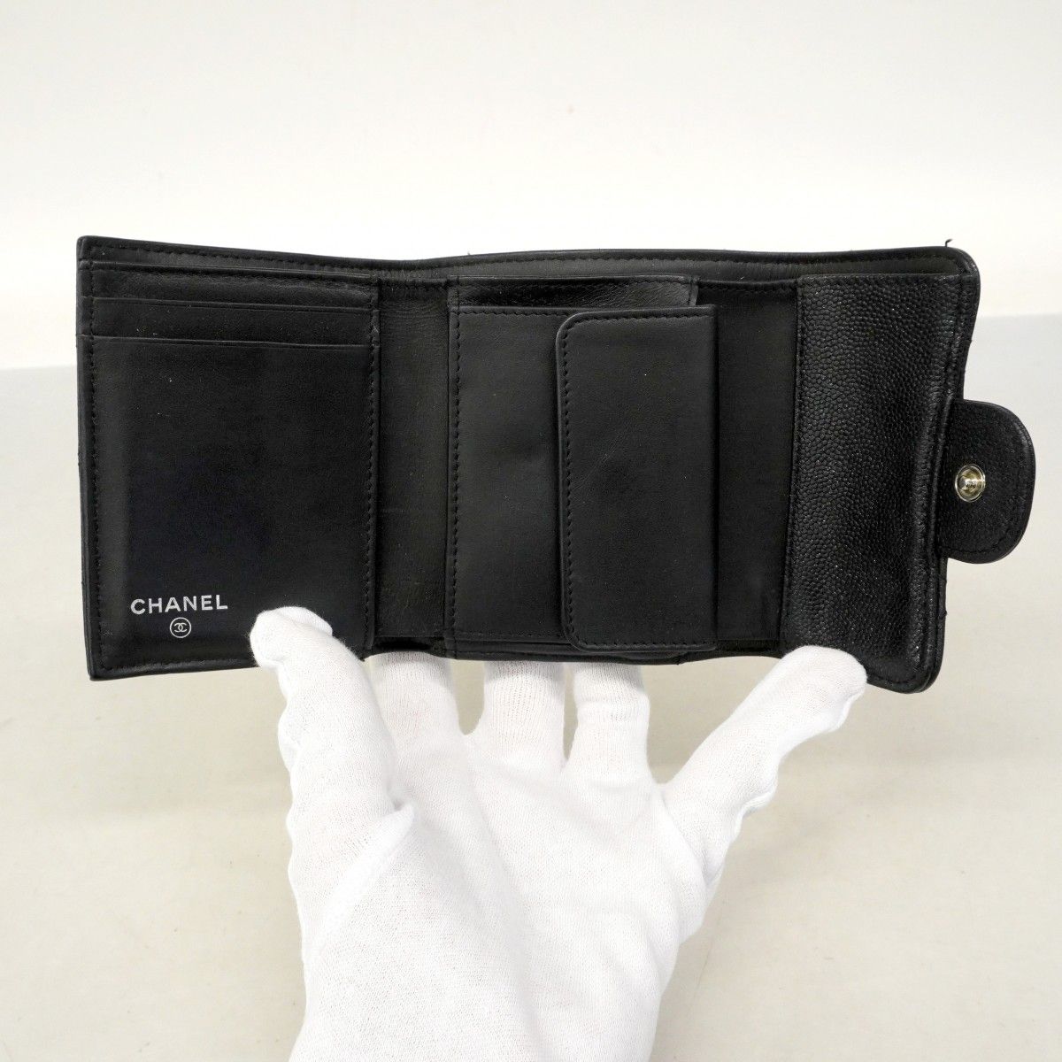 Chanel Trifold Wallet Quilted Caviar Leather Black Silver — view 4