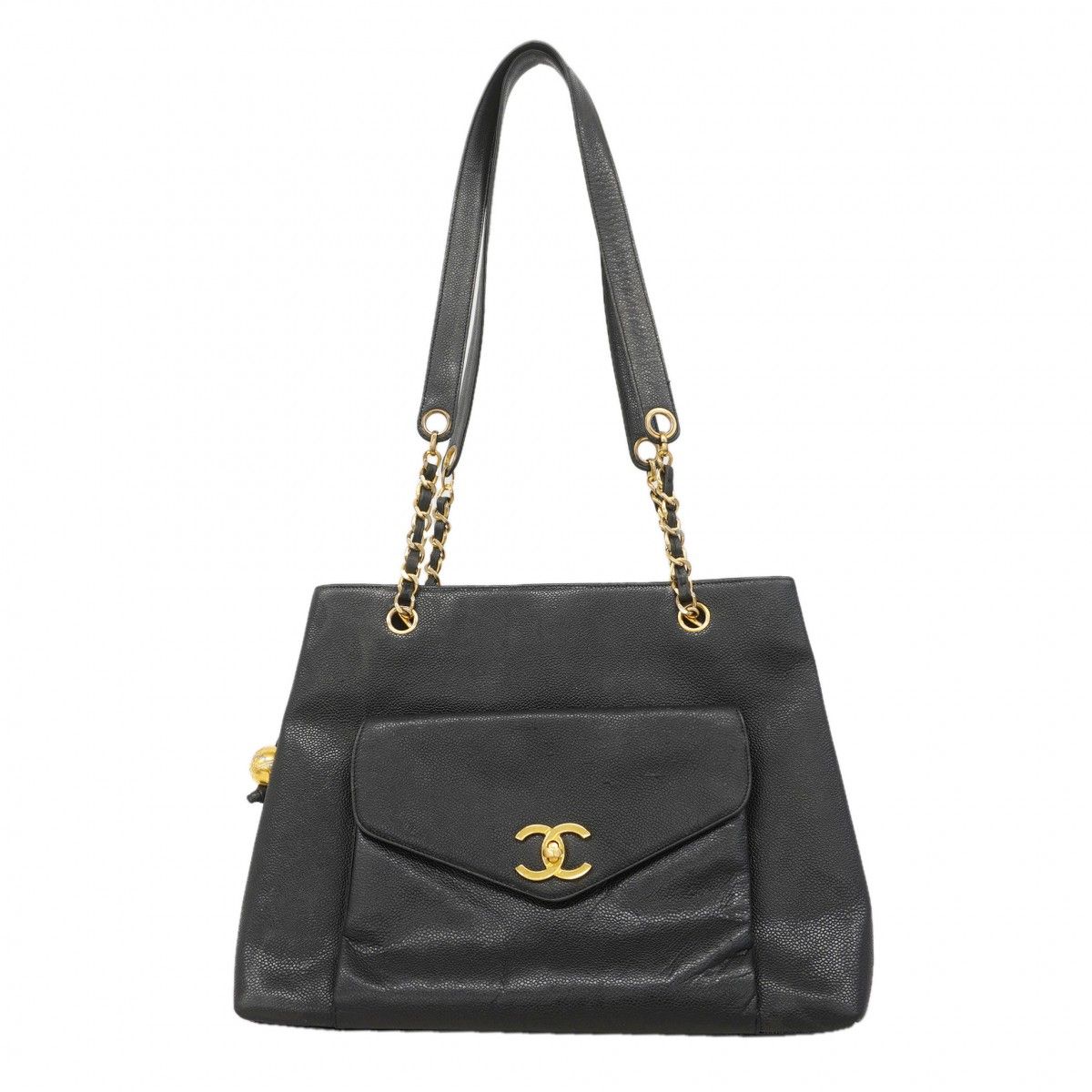 Chanel Shoulder Bag Caviar Leather Black Gold