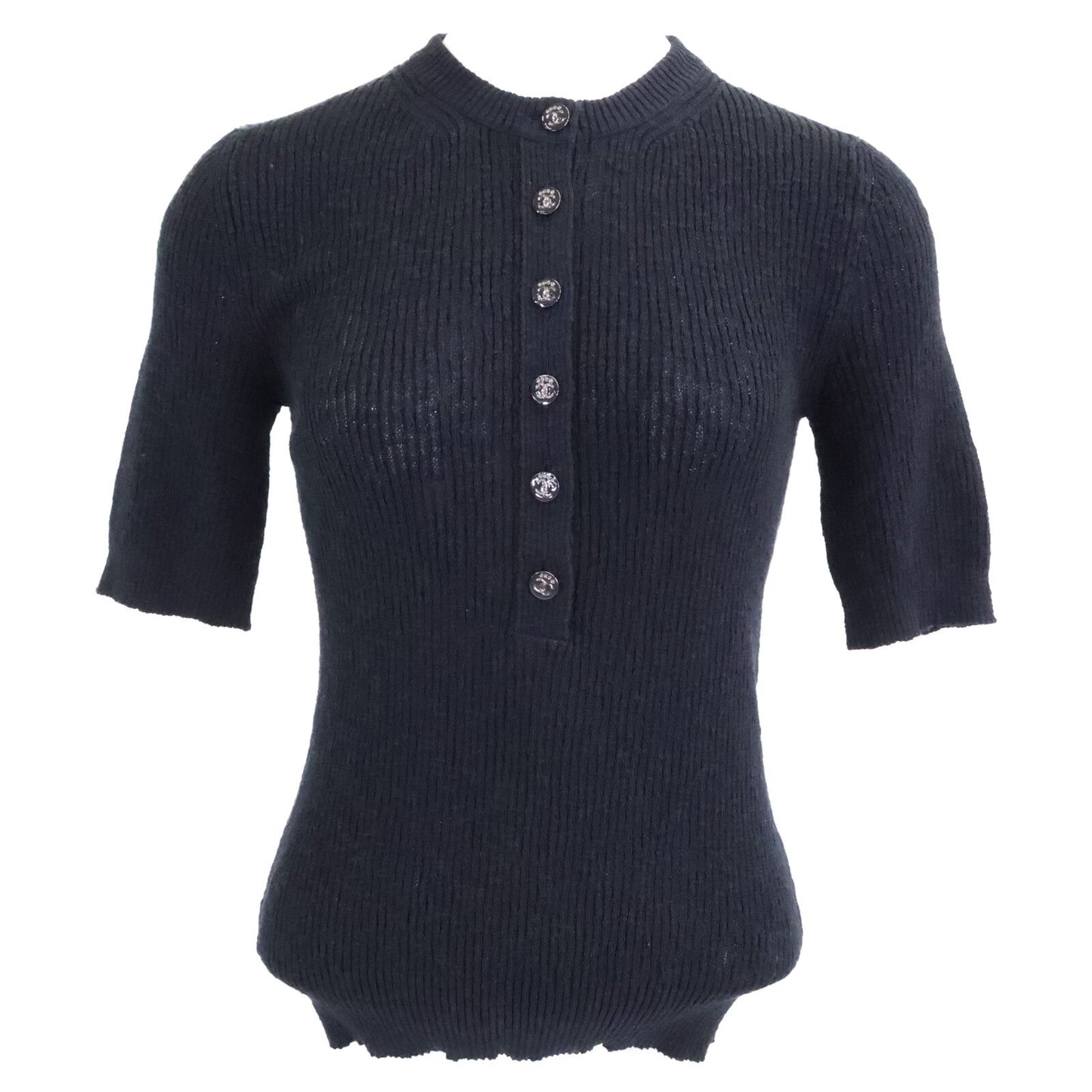 Chanel Cocobichi Coco Button Short Sleeve Cotton Knit 34 Sweater