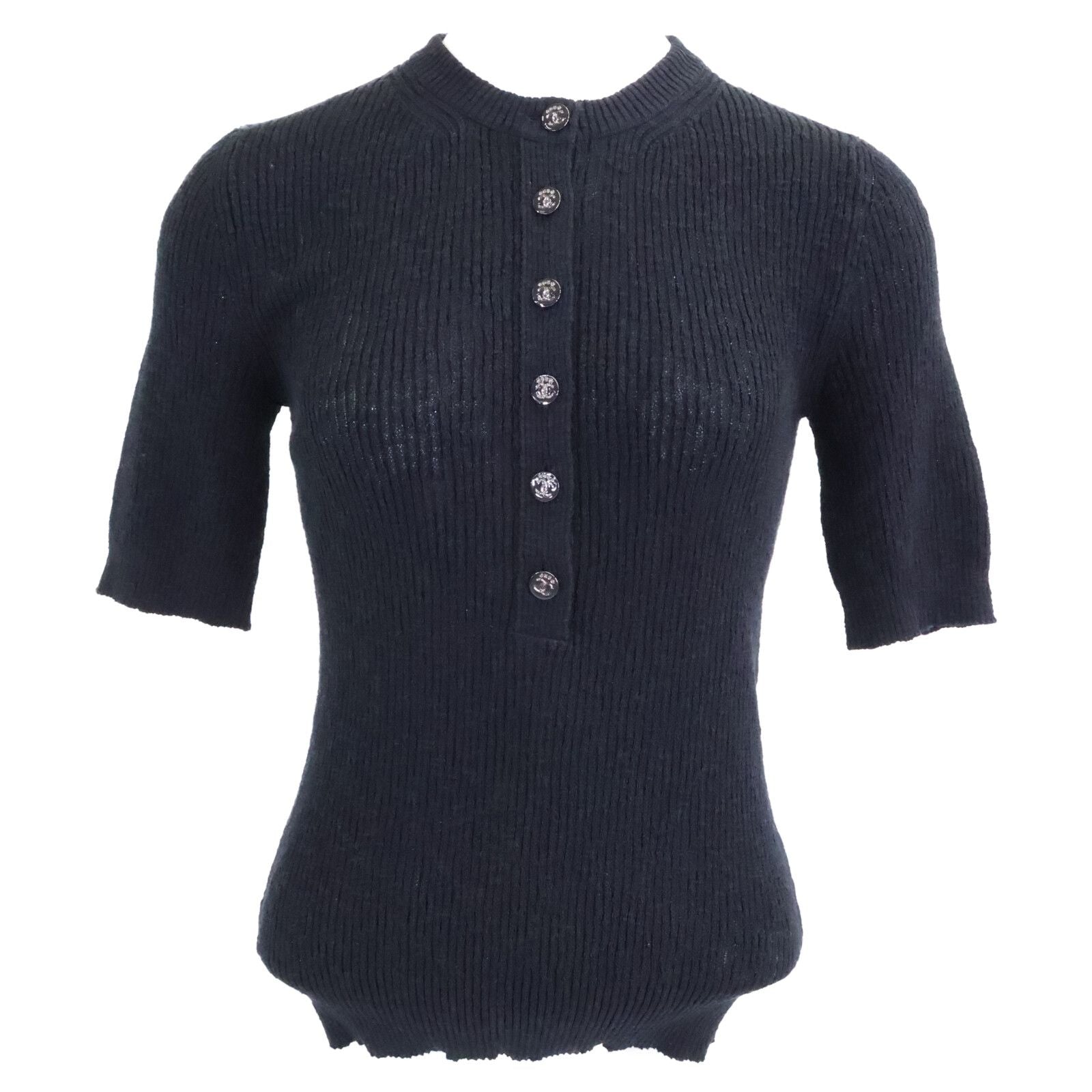 Chanel Cocobichi Coco Button Short Sleeve Cotton Knit 34 Sweater
