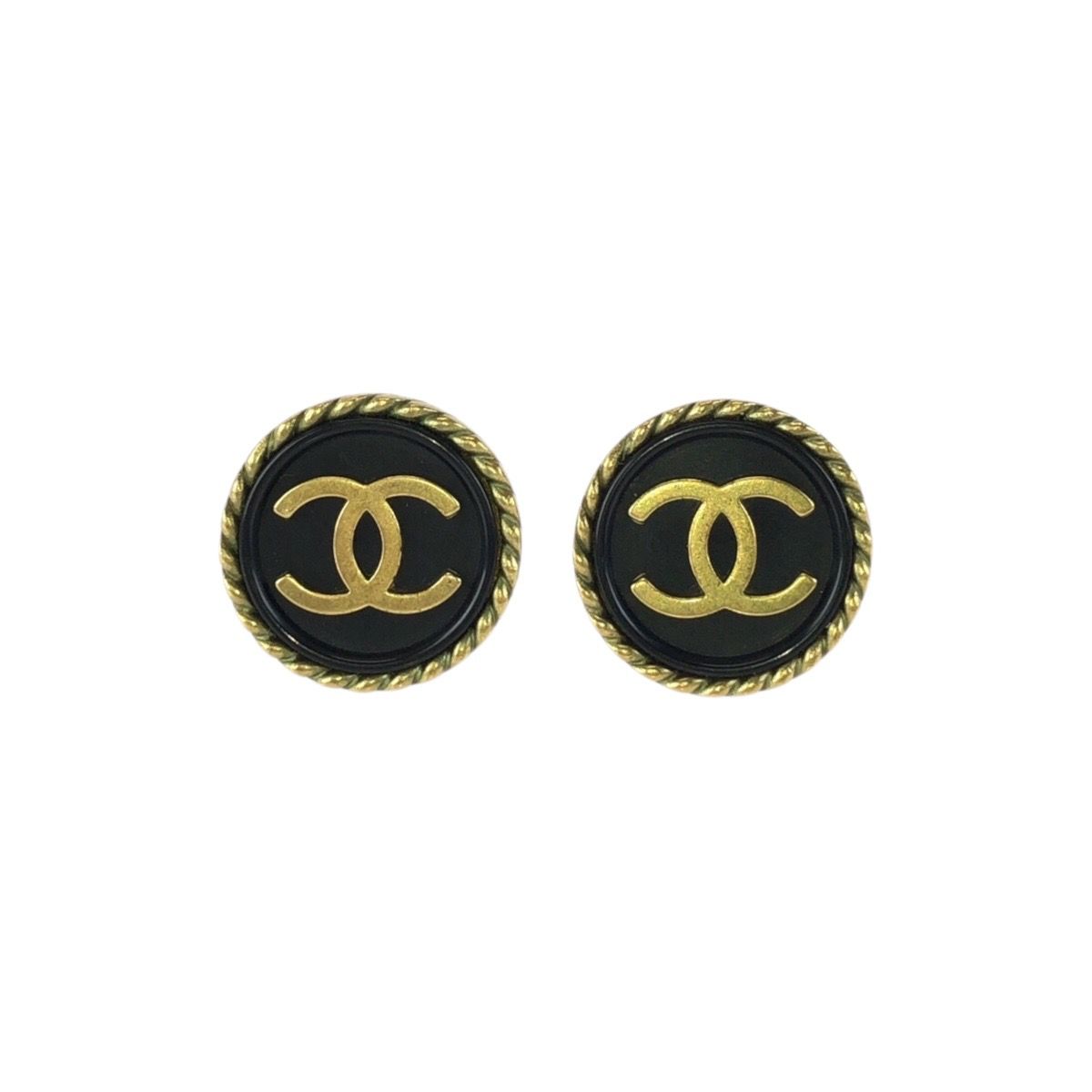 Chanel Vintage CC Logo Black Gold Plated Earrings 94