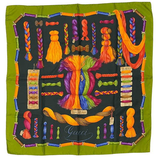 Gucci Scarf Silk All Over Pattern Green Multicolor