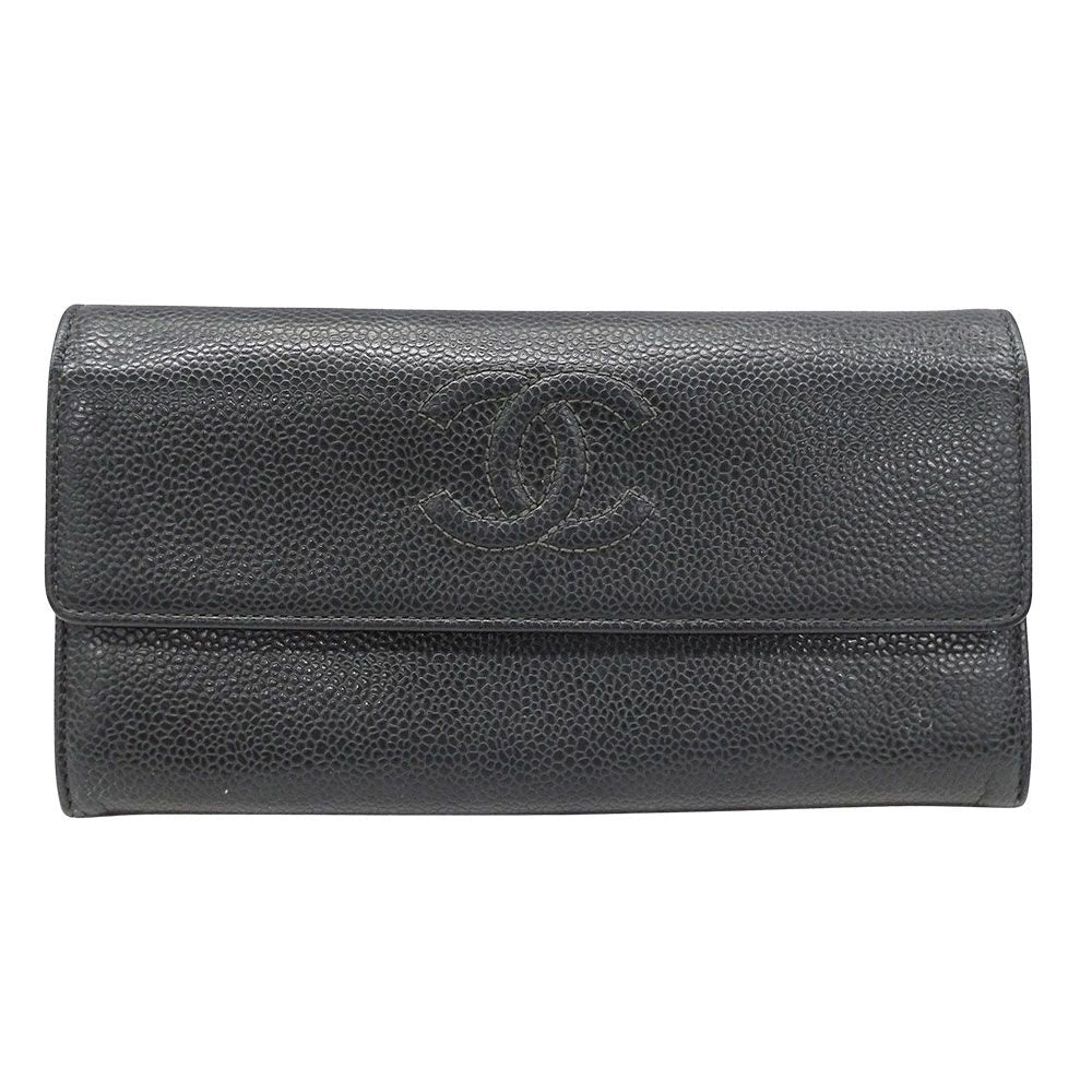 Chanel Wallet Caviar Leather Charcoal Gray Flap Type Logo Adult