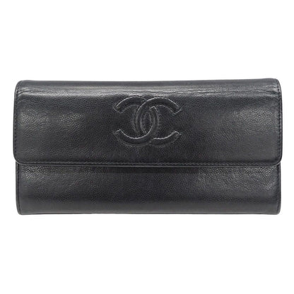 Chanel Wallet Leather Black Silver Flap Logo Simple