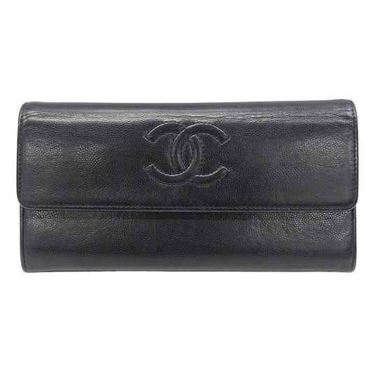 Chanel Wallet Leather Black Silver Flap Logo Simple