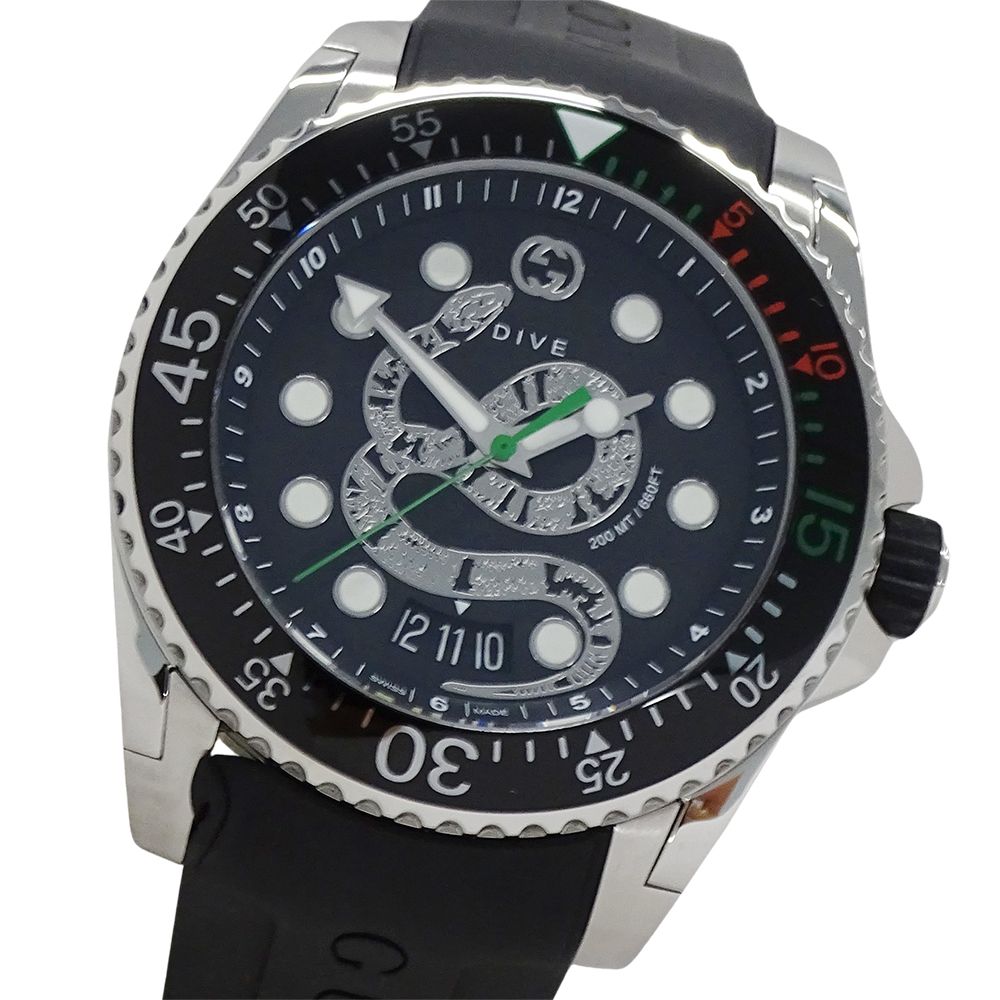 Gucci Watch Dive Snake Date Quartz Stainless Steel Rubber 136.2 Black Polished