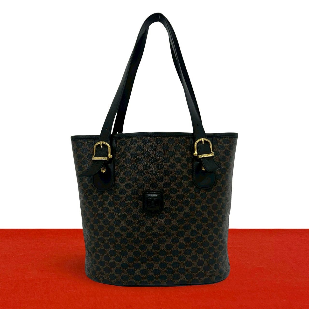 Celine Magaddam Blason Triomphe Pattern Logo Leather Tote Brown Black
