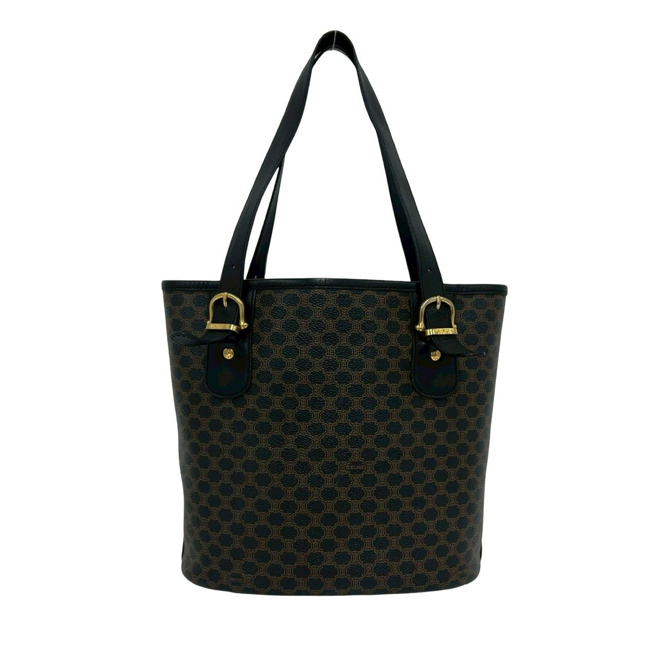 Celine Magaddam Blason Triomphe Pattern Logo Leather Tote Brown Black — view 3