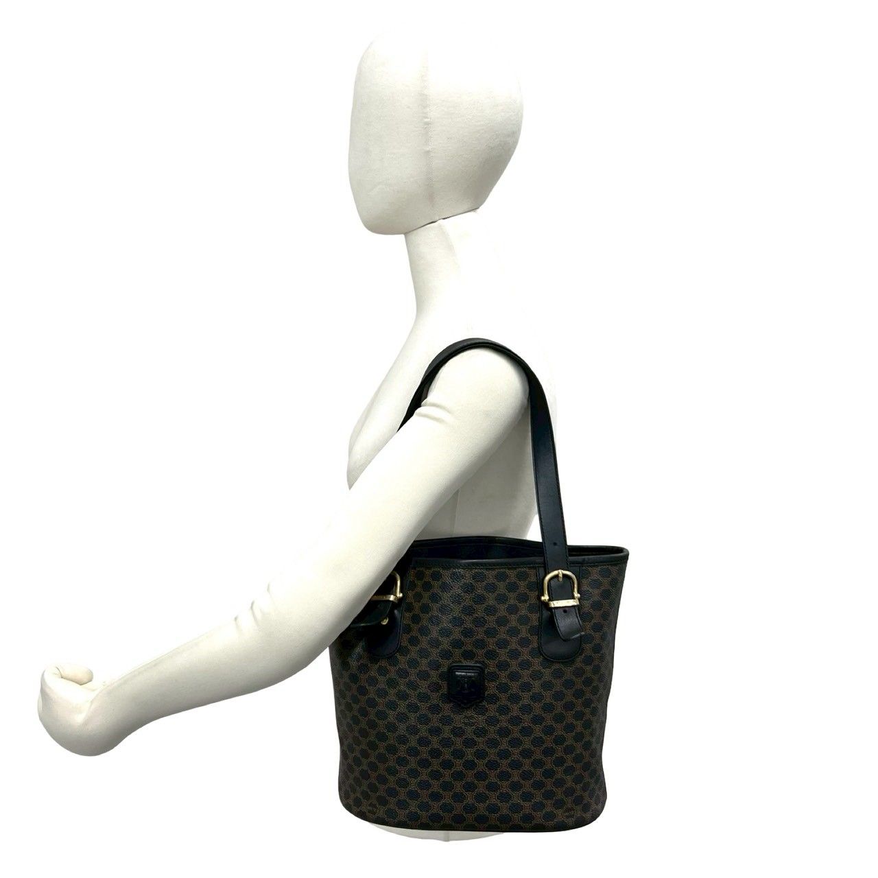 Celine Magaddam Blason Triomphe Pattern Logo Leather Tote Brown Black — view 2