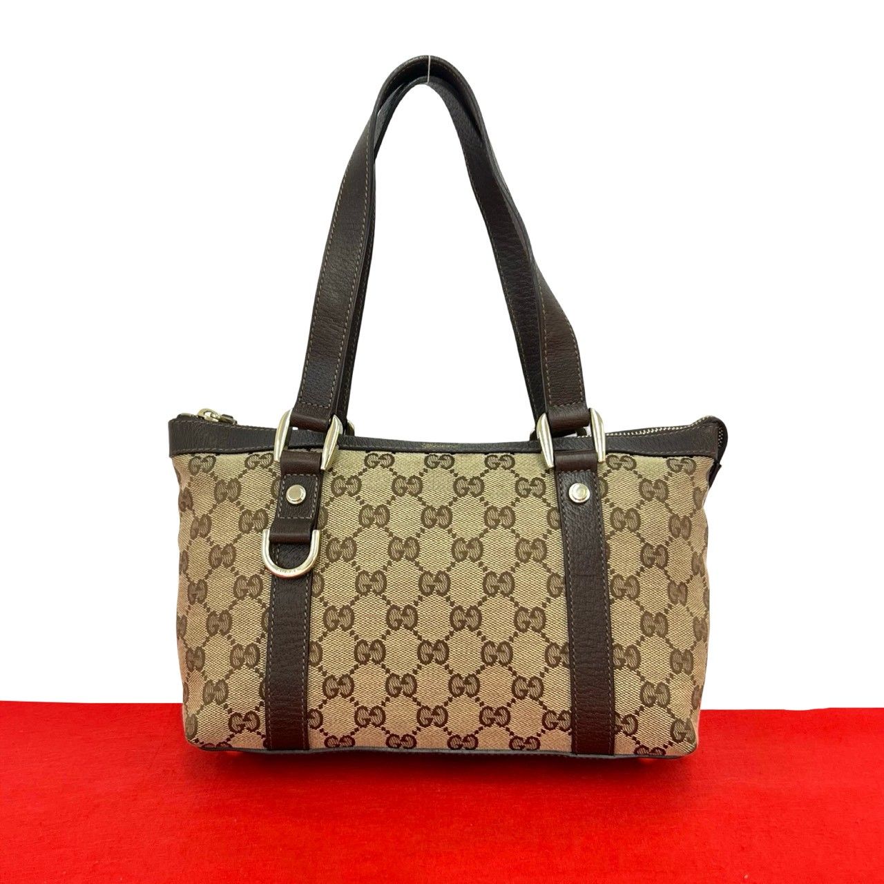 Gucci GG Pattern Logo Canvas Leather Mini Boston Bag Tote Pouch Brown