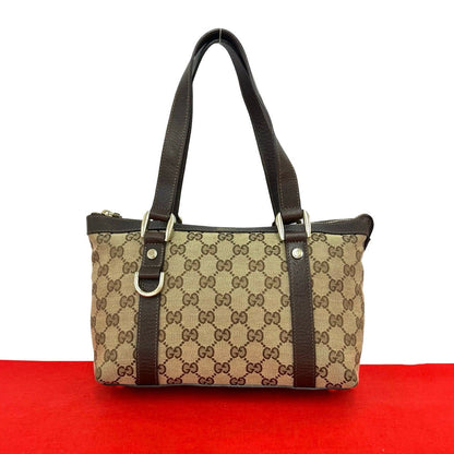 Gucci GG Pattern Logo Canvas Leather Mini Boston Bag Tote Pouch Brown