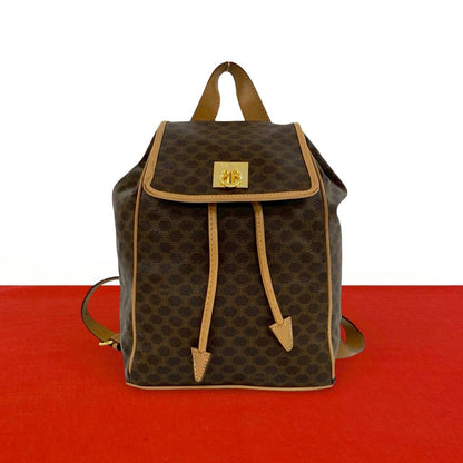 Celine Vintage Macadam Blason Triomphe Pattern Logo Ring Leather Backpack Brown