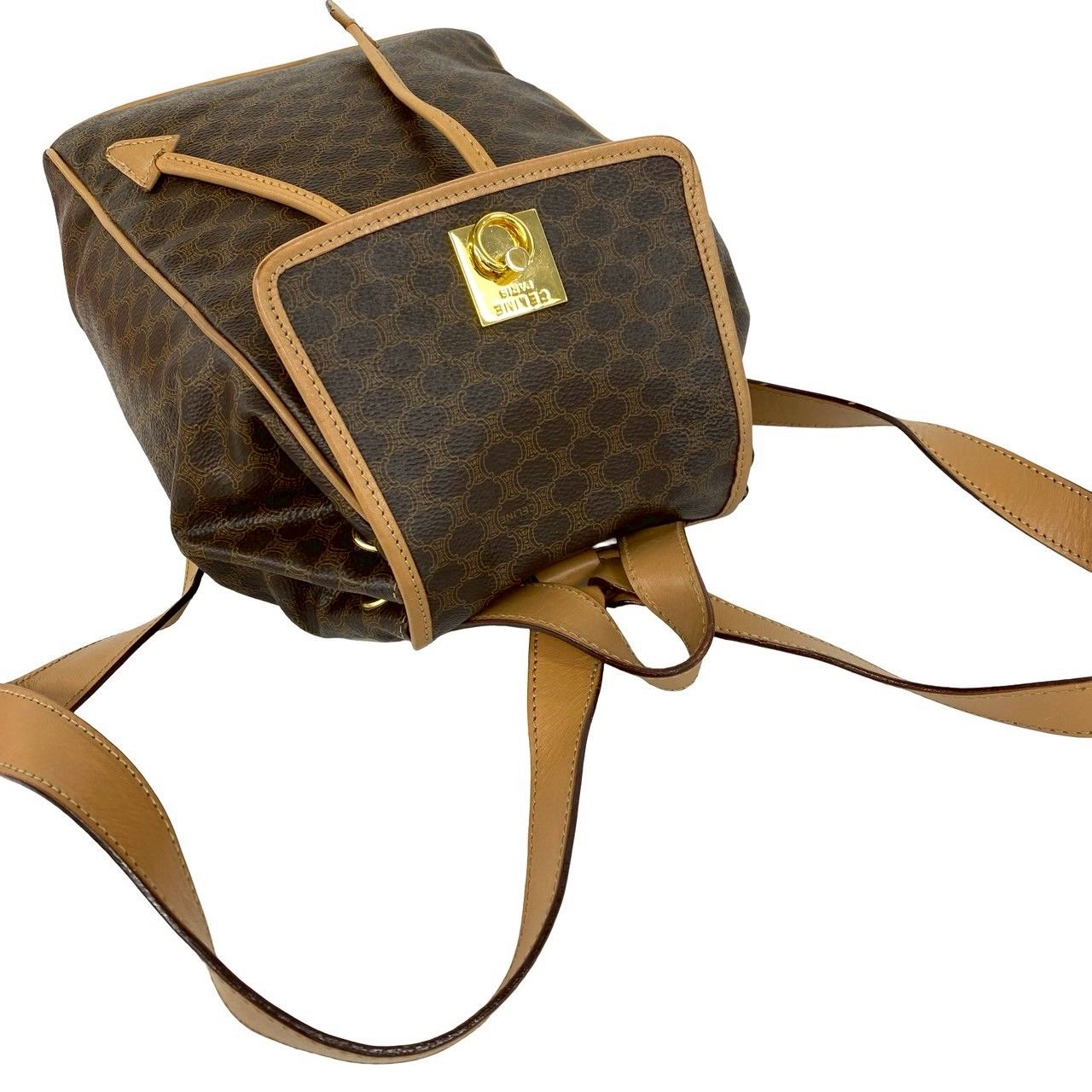 Celine Vintage Macadam Blason Triomphe Pattern Logo Ring Leather Backpack Brown