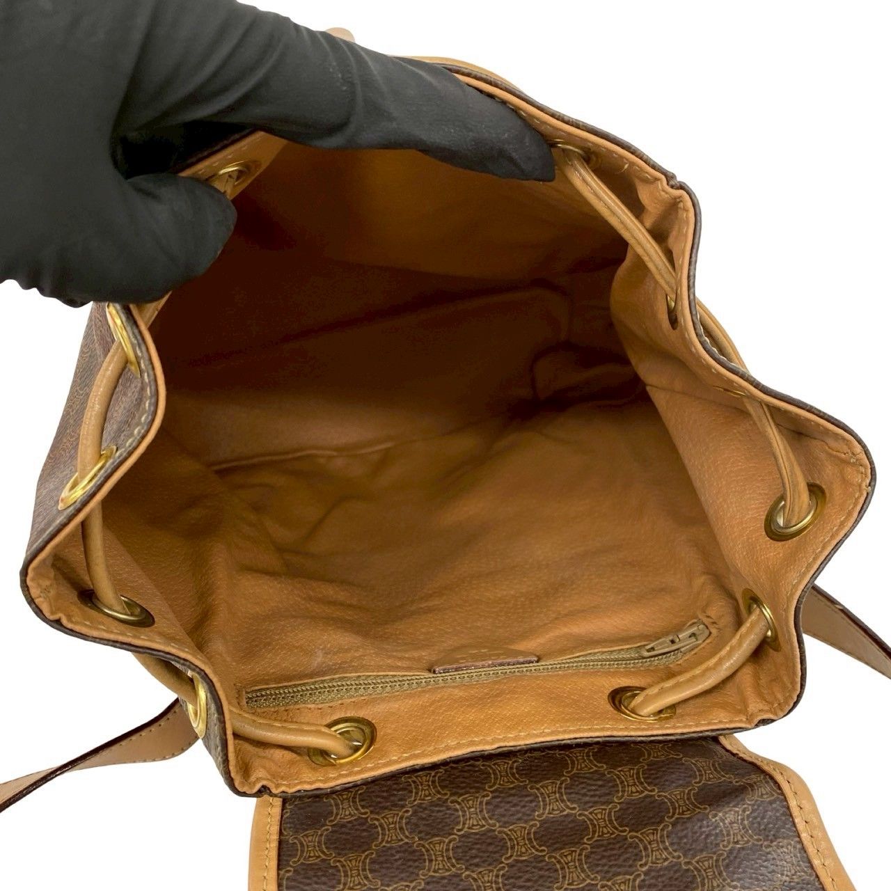 Celine Vintage Macadam Blason Triomphe Pattern Logo Ring Leather Backpack Brown — view 9