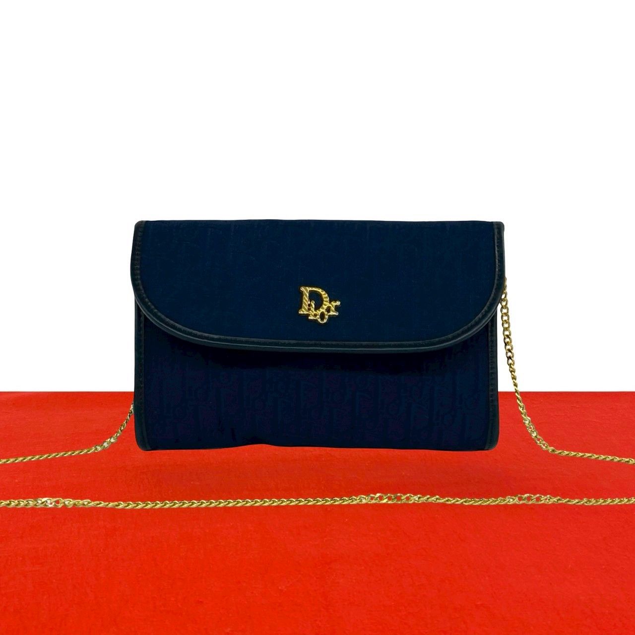 Dior Vintage Trotter Pattern Logo Canvas Leather Chain Shoulder Bag Navy