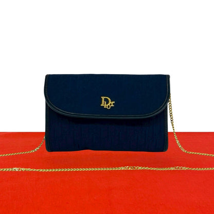 Dior Vintage Trotter Pattern Logo Canvas Leather Chain Shoulder Bag Navy