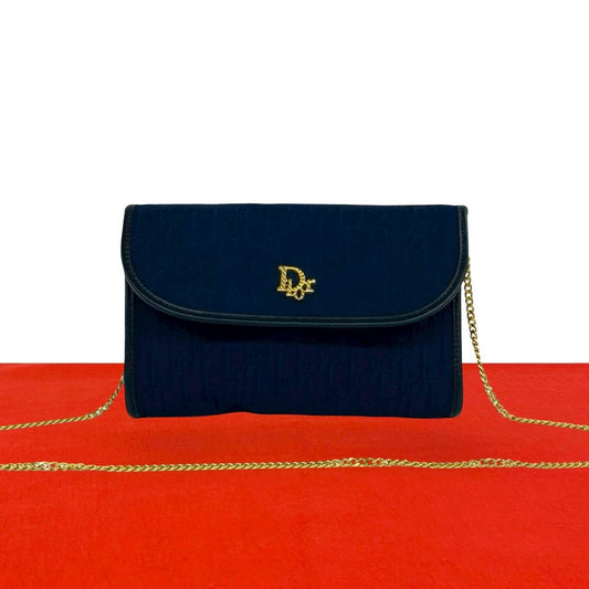Dior Vintage Trotter Pattern Logo Canvas Leather Chain Shoulder Bag Navy