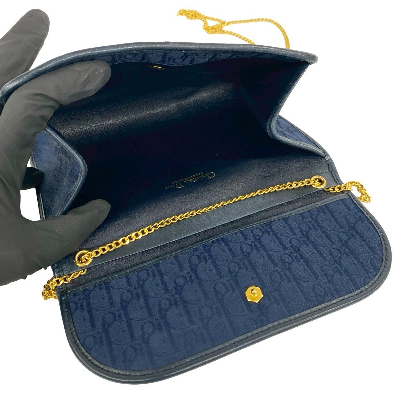Dior Vintage Trotter Pattern Logo Canvas Leather Chain Shoulder Bag Navy — view 9