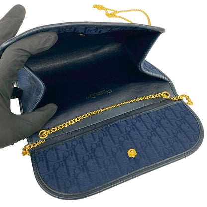 Dior Vintage Trotter Pattern Logo Canvas Leather Chain Shoulder Bag Navy — view 9