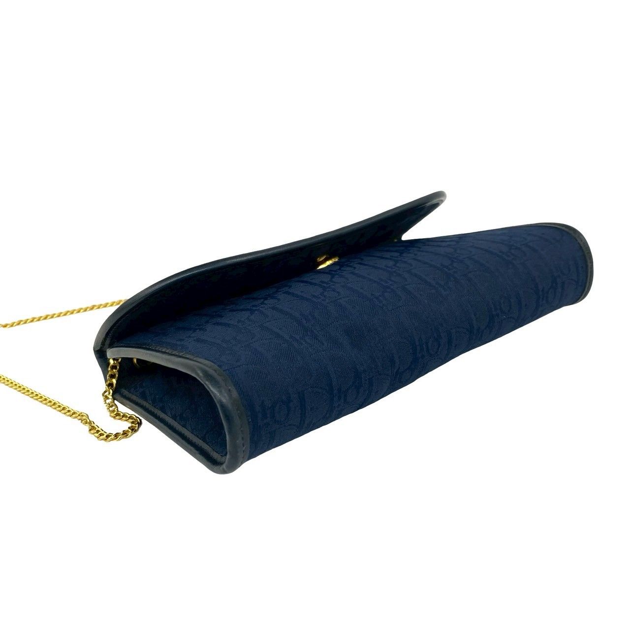 Dior Vintage Trotter Pattern Logo Canvas Leather Chain Shoulder Bag Navy — view 7