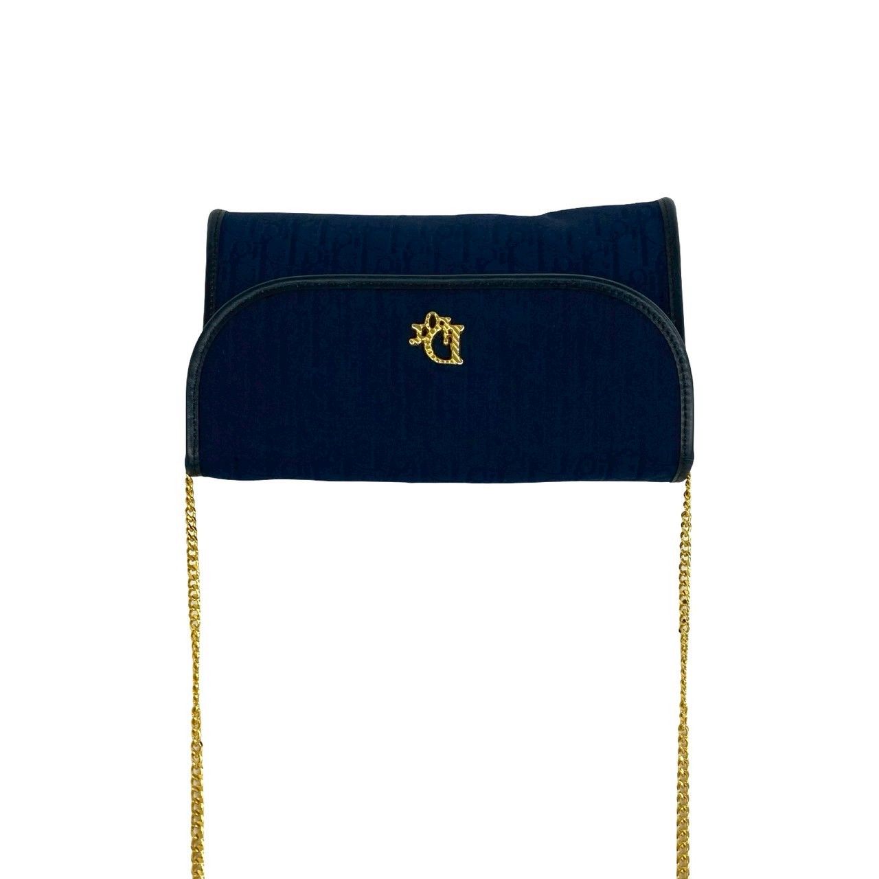 Dior Vintage Trotter Pattern Logo Canvas Leather Chain Shoulder Bag Navy — view 4