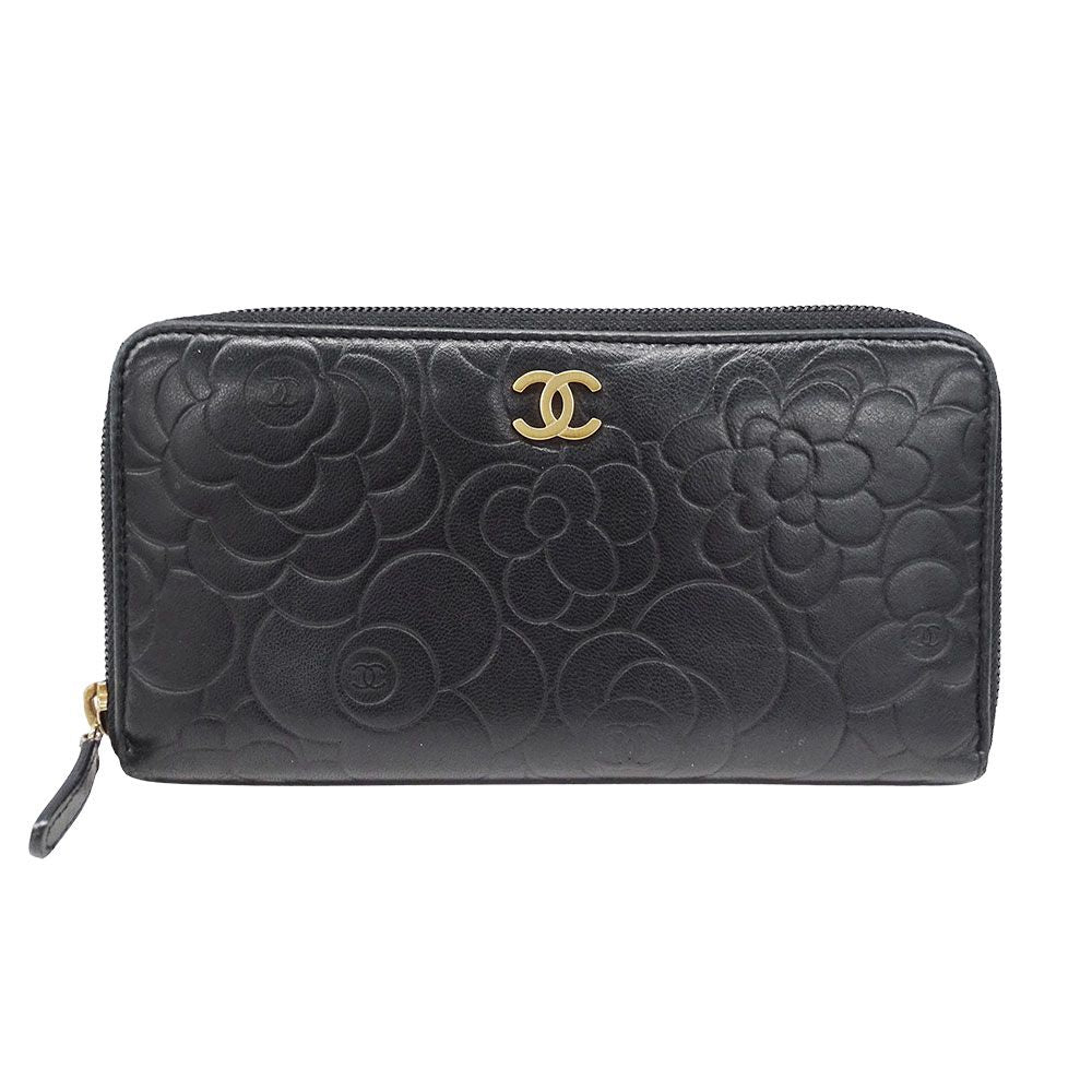 Chanel Wallet Camellia Lambskin Black Gold Zip Around Floral Pattern