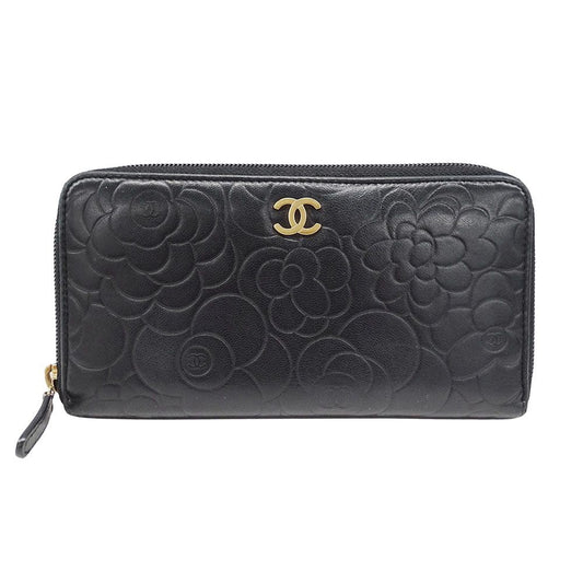 Chanel Wallet Camellia Lambskin Black Gold Zip Around Floral Pattern
