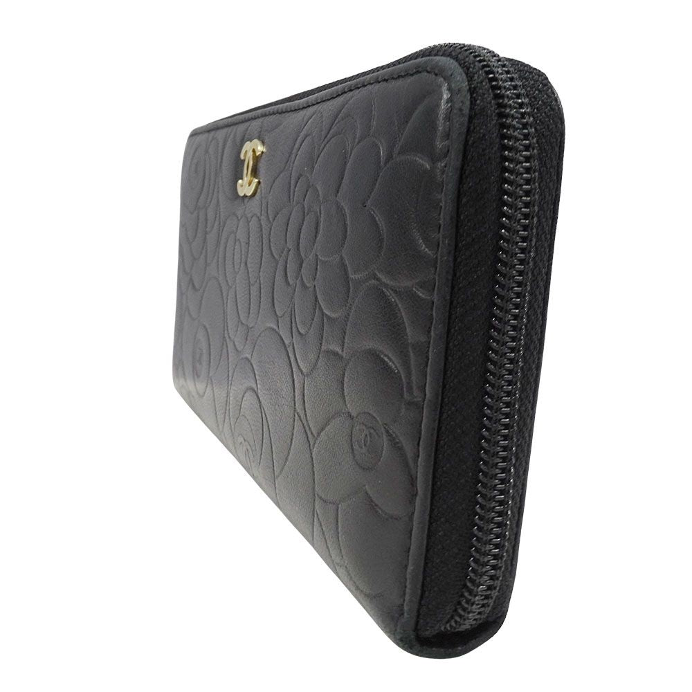 Chanel Wallet Camellia Lambskin Black Gold Zip Around Floral Pattern — view 4