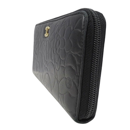 Chanel Wallet Camellia Lambskin Black Gold Zip Around Floral Pattern — view 4