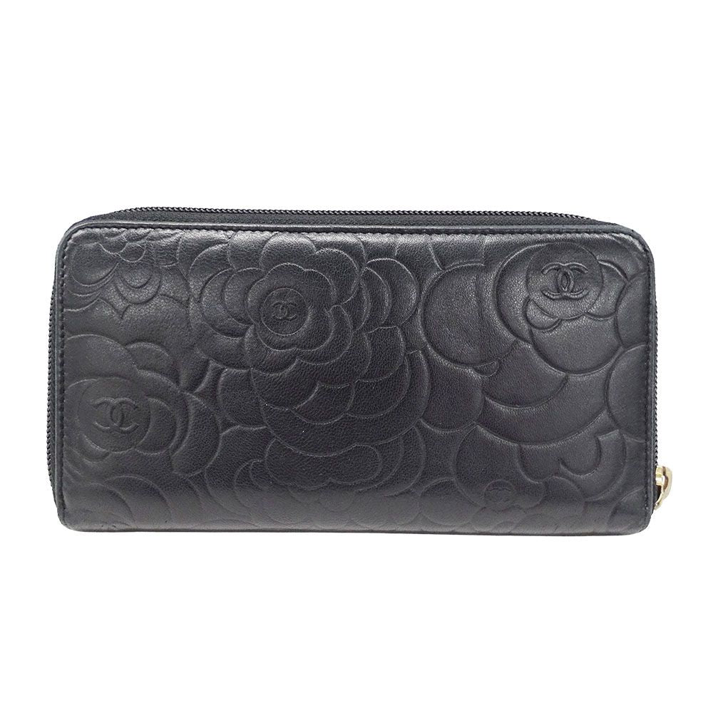 Chanel Wallet Camellia Lambskin Black Gold Zip Around Floral Pattern — view 2