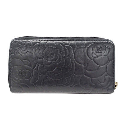 Chanel Wallet Camellia Lambskin Black Gold Zip Around Floral Pattern — view 2