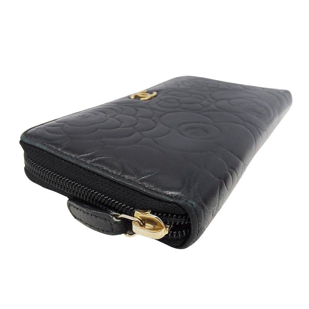 Chanel Wallet Camellia Lambskin Black Gold Zip Around Floral Pattern — view 3
