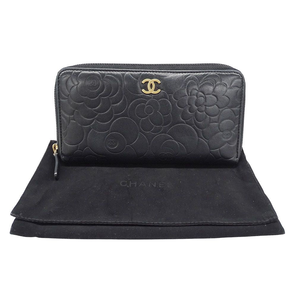 Chanel Wallet Camellia Lambskin Black Gold Zip Around Floral Pattern — view 5