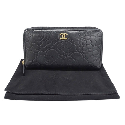 Chanel Wallet Camellia Lambskin Black Gold Zip Around Floral Pattern — view 5