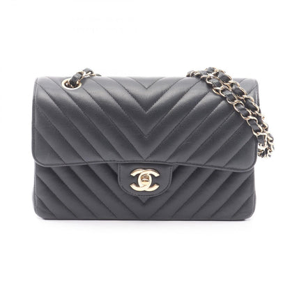 Chanel Shoulder Bag Stitch Blanc Double Flap Black Caviar Leather Chez Chain