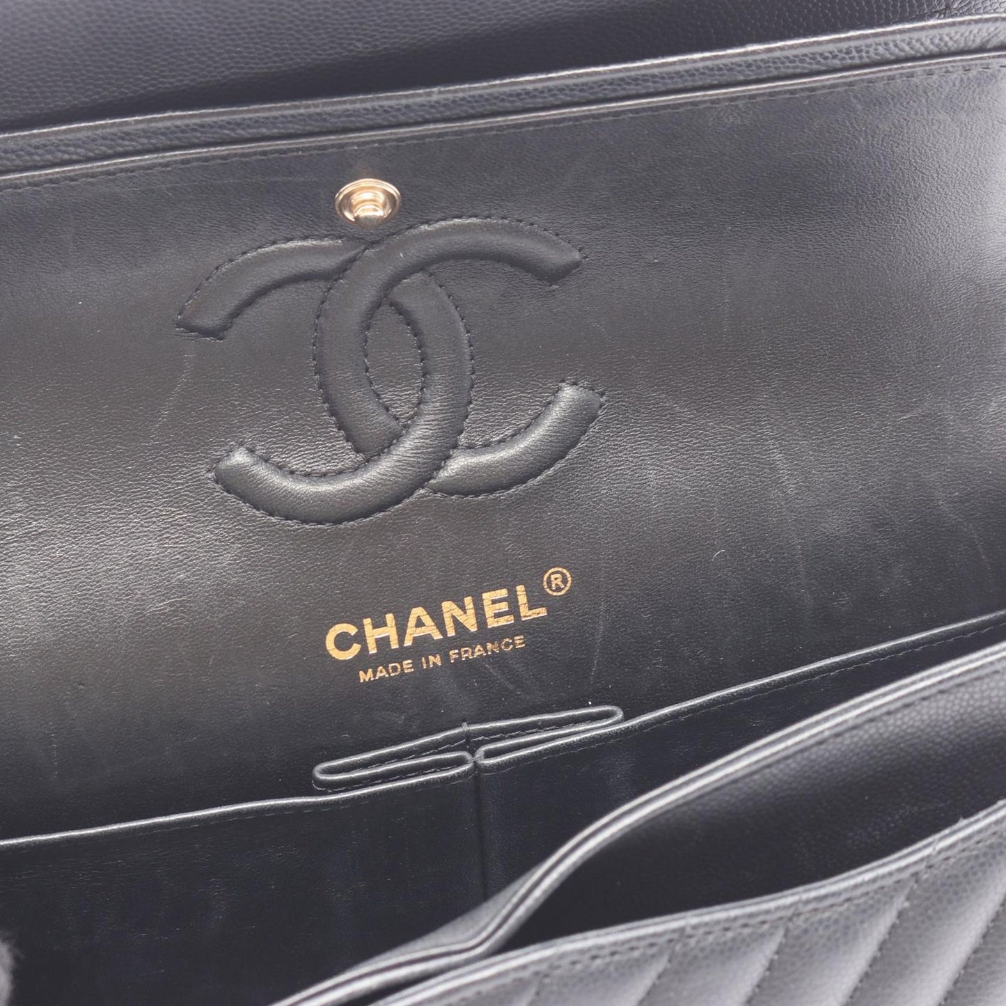 Chanel Shoulder Bag Stitch Blanc Double Flap Black Caviar Leather Chez Chain — view 6