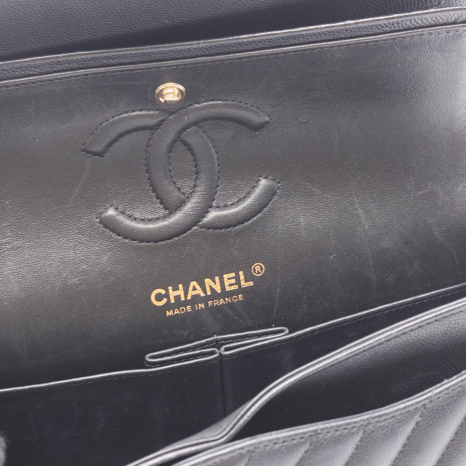 Chanel Shoulder Bag Stitch Blanc Double Flap Black Caviar Leather Chez Chain — view 6