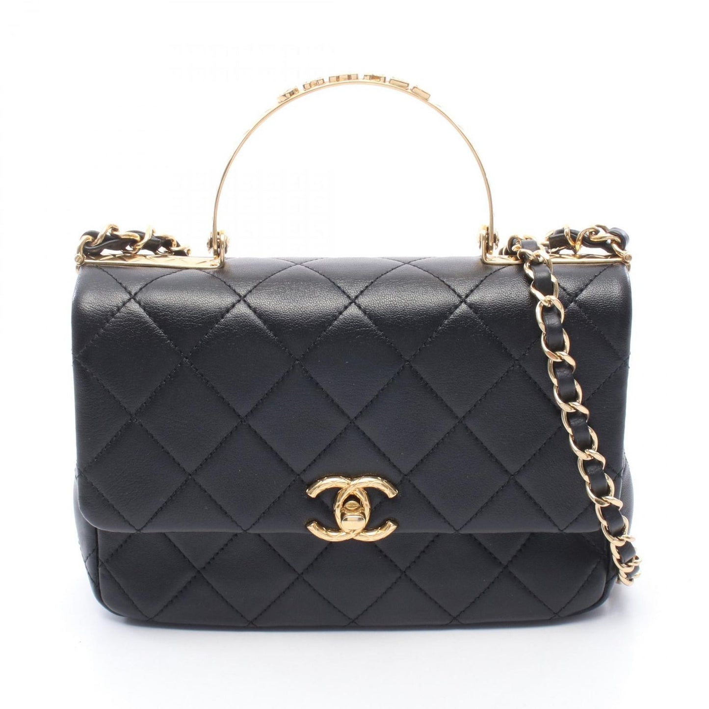 Chanel Shoulder Bag Top Handle Quilted 2-Way Black Lambskin Top Small Flap Chain