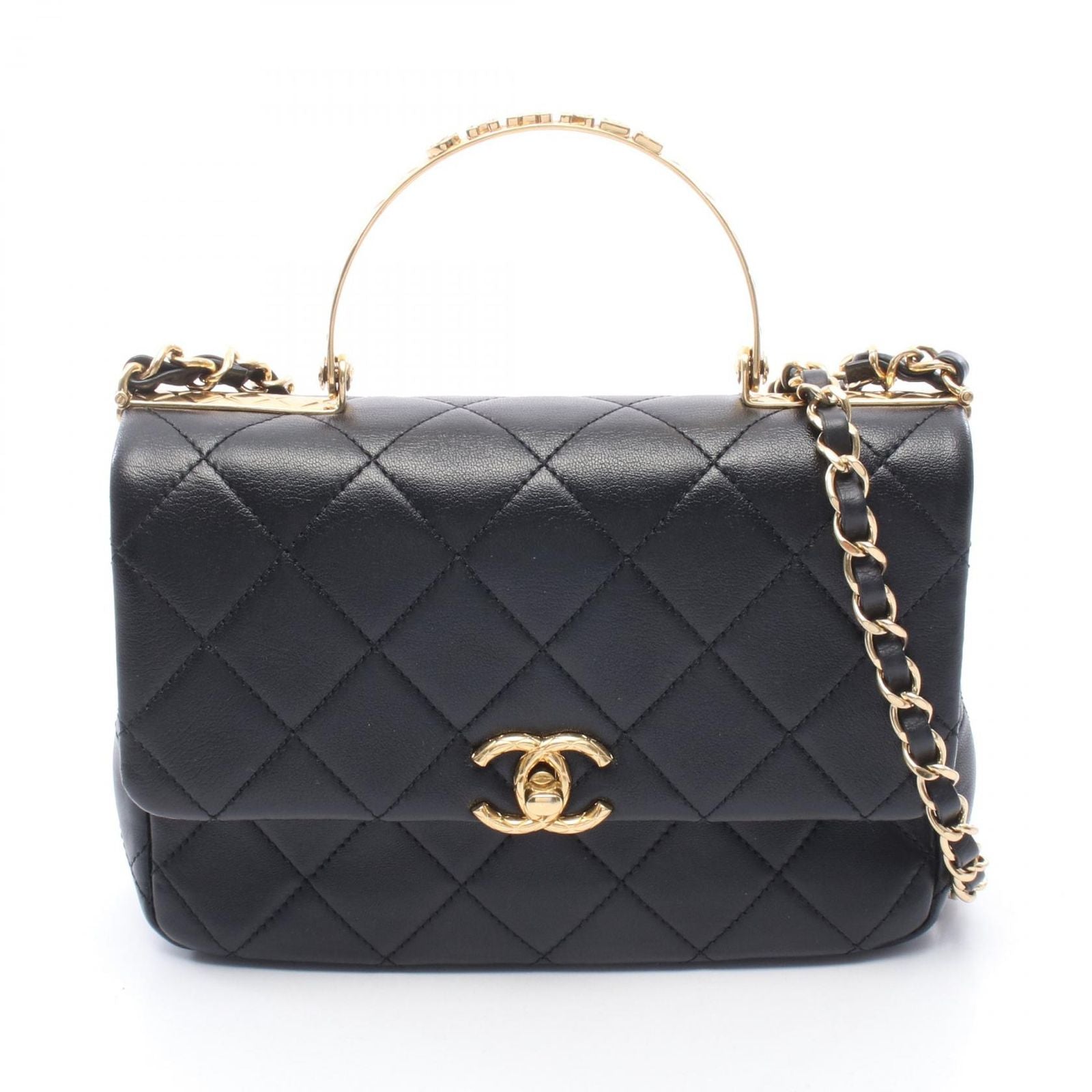 Chanel Shoulder Bag Top Handle Quilted 2-Way Black Lambskin Top Small Flap Chain