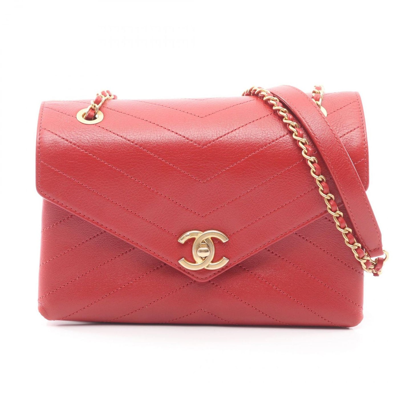 Chanel Shoulder Bag Blanc Stitch Red Leather Chain