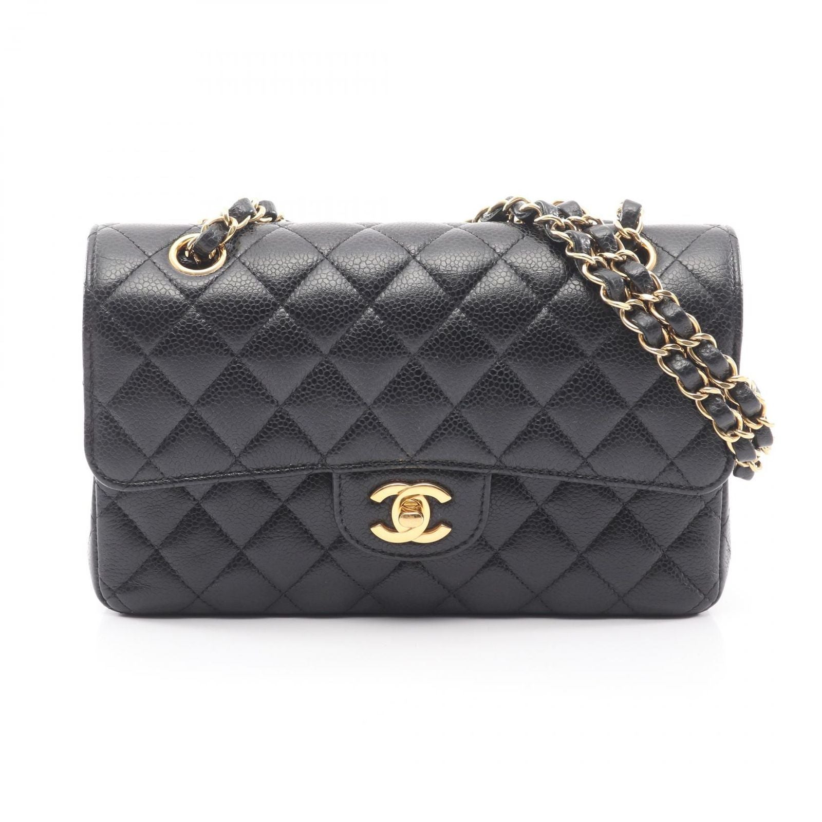 Chanel Shoulder Bag Quilted Double Flap Black Caviar Leather Chain