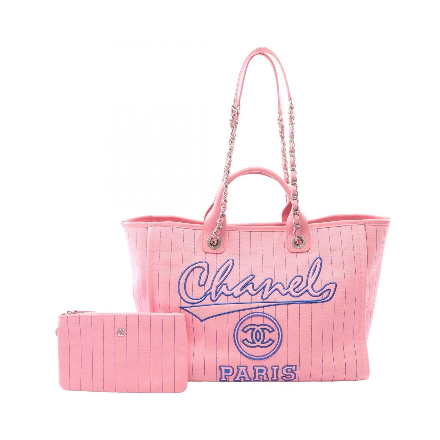 Chanel Tote Deauville Large Pink Blue Canvas Leather Shopping