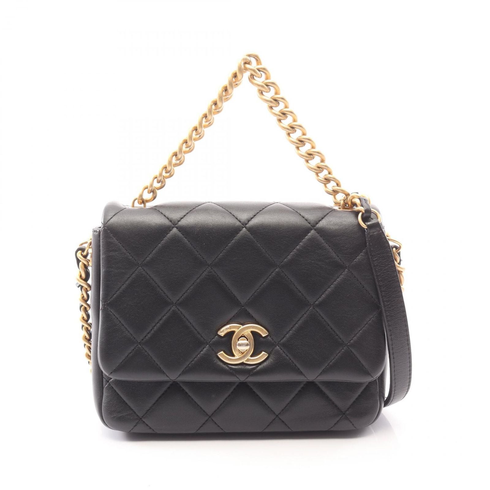 Chanel Shoulder Bag Quilted 2-Way Black Lambskin Small Flap Chain