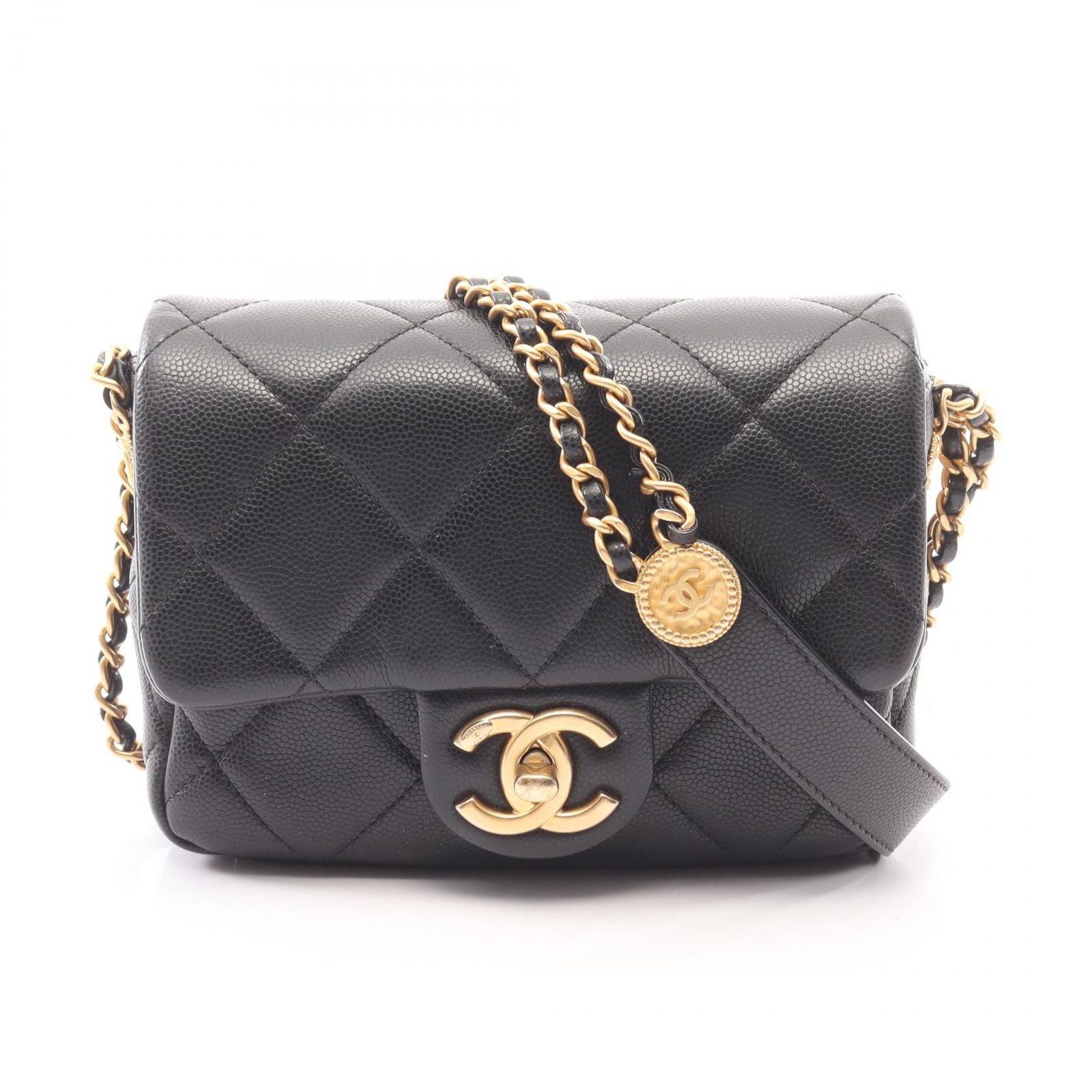 Chanel Shoulder Bag Quilted Mini Flap Black Caviar Leather Small Chain