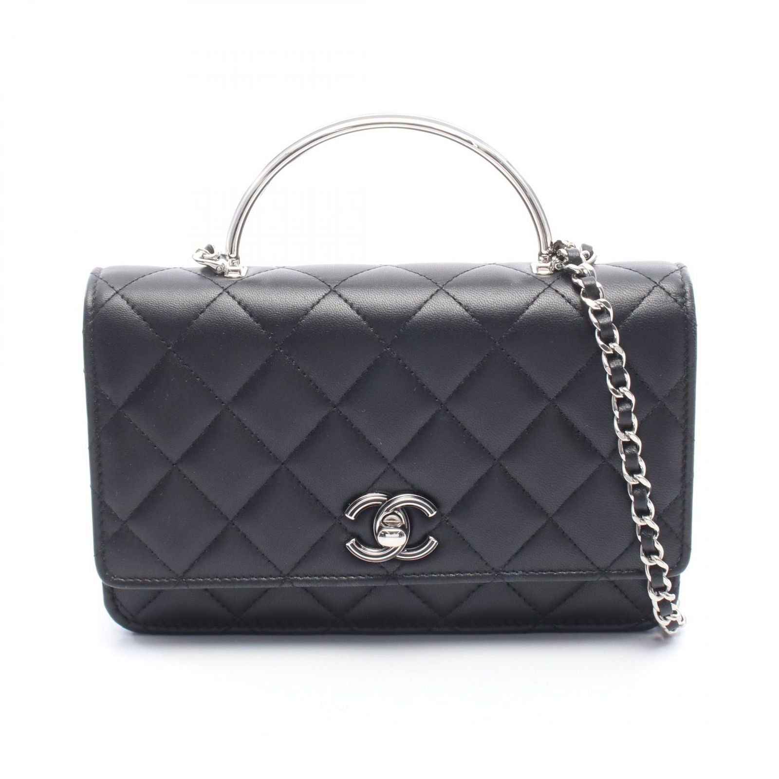 Chanel Shoulder Bag Quilted Top Handle 2-Way Black Lambskin Chain Wallet