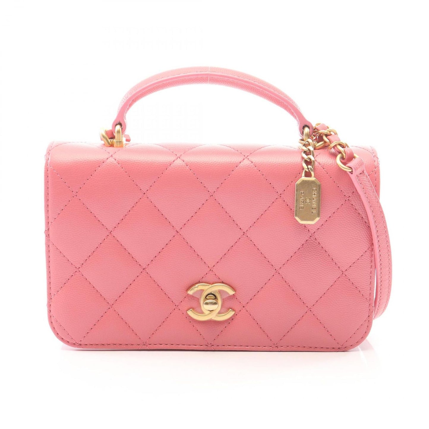 Chanel Shoulder Bag Quilted Top Handle 2-Way Pink Caviar Leather Chain