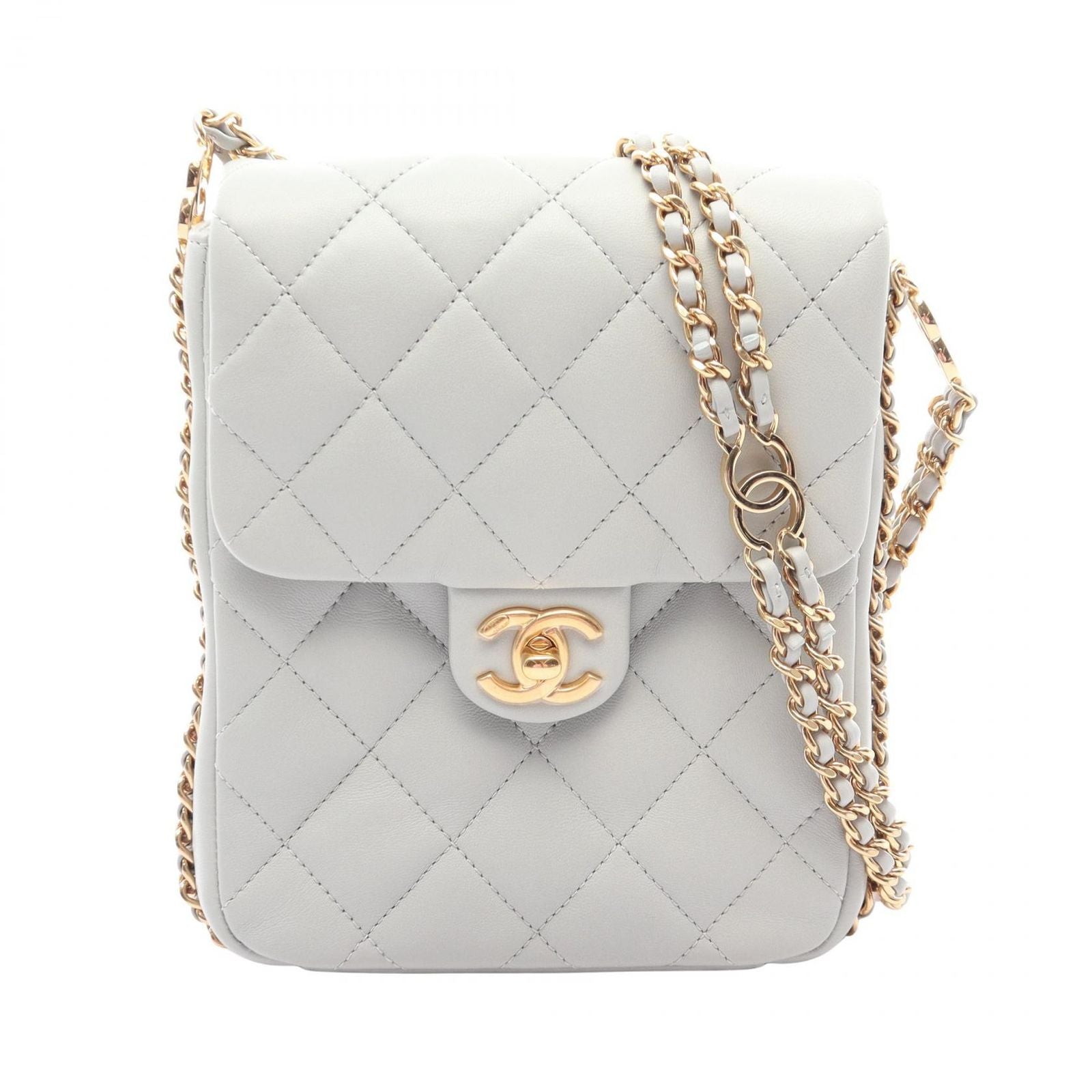 Chanel Shoulder Bag Quilted Blue Gray Lambskin Chain
