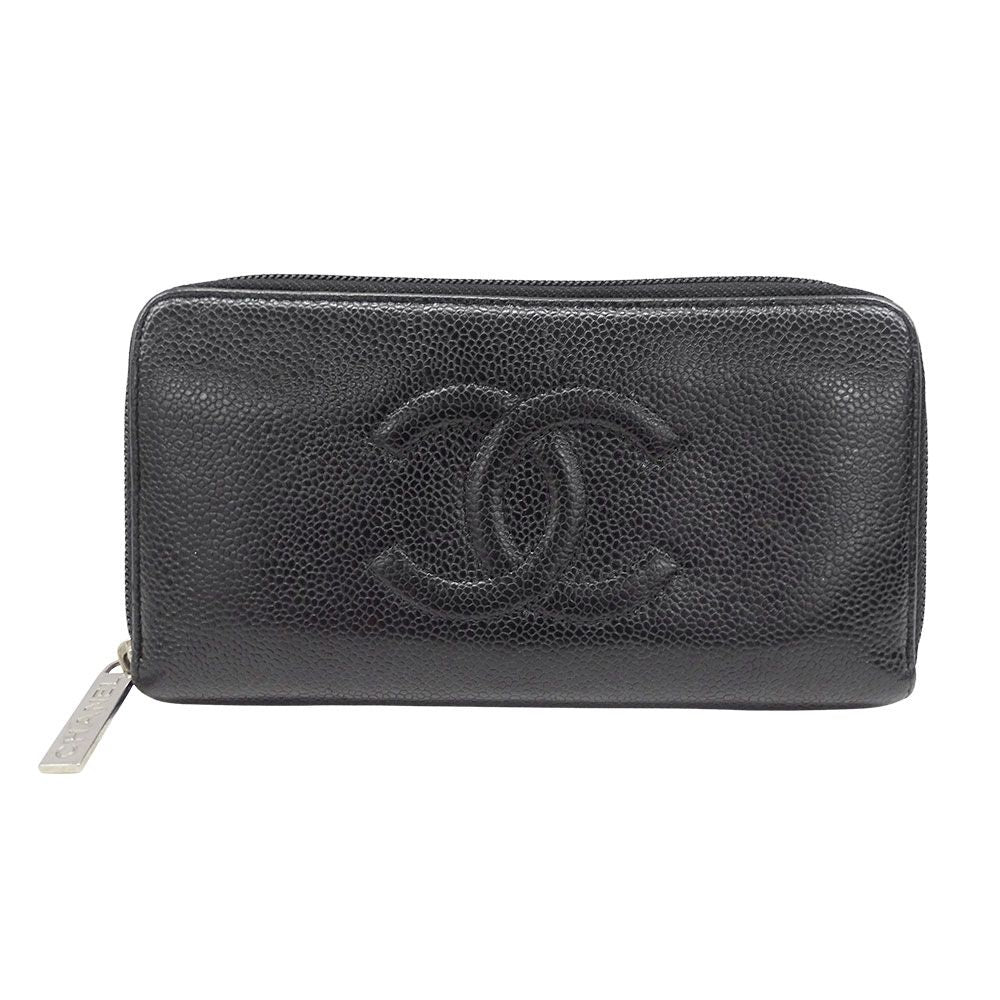 Chanel Wallet Caviar Leather Black Silver Zip Around Logo Adult