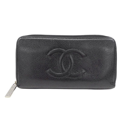 Chanel Wallet Caviar Leather Black Silver Zip Around Logo Adult