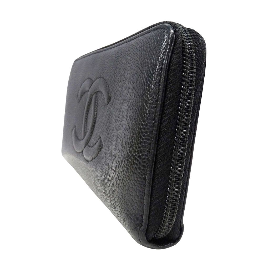 Chanel Wallet Caviar Leather Black Silver Zip Around Logo Adult — view 4